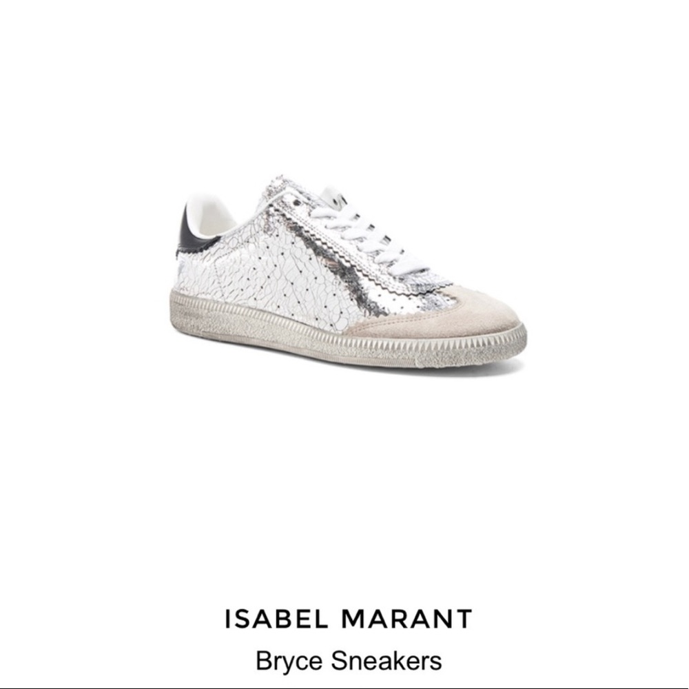 ISABEL MARANT Bryce Metallic Silver Distressed Crackle Low Top Sneakers Sz 7 US